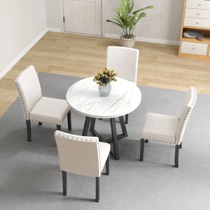Five-piece dining room set with imitation marble table top,solid wood,space-saving kitchen and dining room combination furniture
