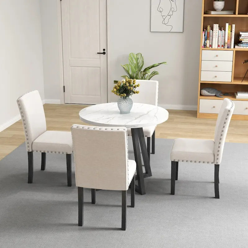 Five-piece dining room set with imitation marble table top,solid wood,space-saving kitchen and dining room combination furniture