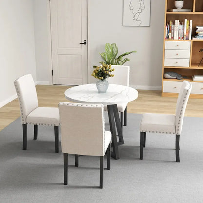 Five-piece dining room set with imitation marble table top,solid wood,space-saving kitchen and dining room combination furniture