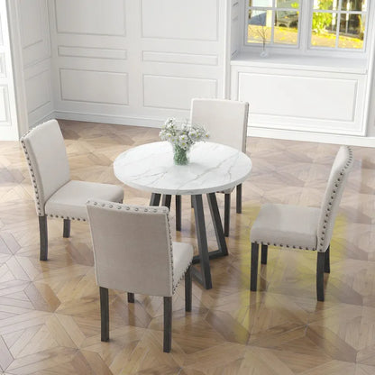 Five-piece dining room set with imitation marble table top,solid wood,space-saving kitchen and dining room combination furniture