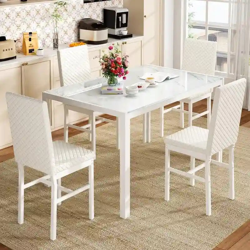 Grondin Modern Style 5-Piece Dining Room Table Set with Tempered Glass Tabletop and 4 Diamond Stitching PU Leather Dining Chairs