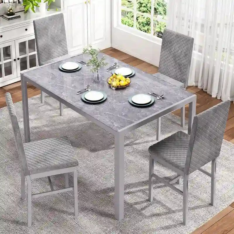 Grondin Modern Style 5-Piece Dining Room Table Set with Tempered Glass Tabletop and 4 Diamond Stitching PU Leather Dining Chairs