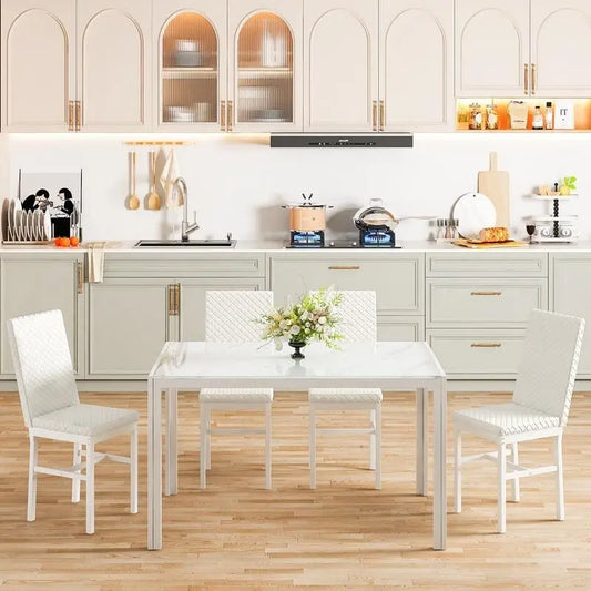 Grondin Modern Style 5-Piece Dining Room Table Set with Tempered Glass Tabletop and 4 Diamond Stitching PU Leather Dining Chairs