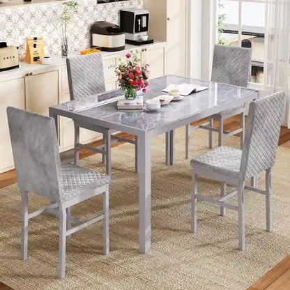 Grondin Modern Style 5-Piece Dining Room Table Set with Tempered Glass Tabletop and 4 Diamond Stitching PU Leather Dining Chairs