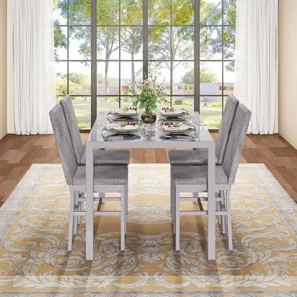 Grondin Modern Style 5-Piece Dining Room Table Set with Tempered Glass Tabletop and 4 Diamond Stitching PU Leather Dining Chairs