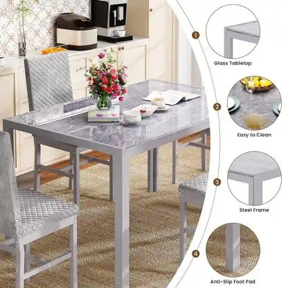 Grondin Modern Style 5-Piece Dining Room Table Set with Tempered Glass Tabletop and 4 Diamond Stitching PU Leather Dining Chairs