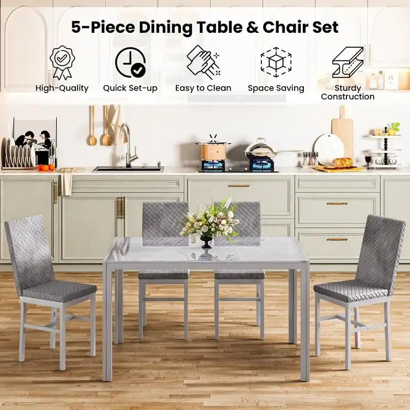 Grondin Modern Style 5-Piece Dining Room Table Set with Tempered Glass Tabletop and 4 Diamond Stitching PU Leather Dining Chairs