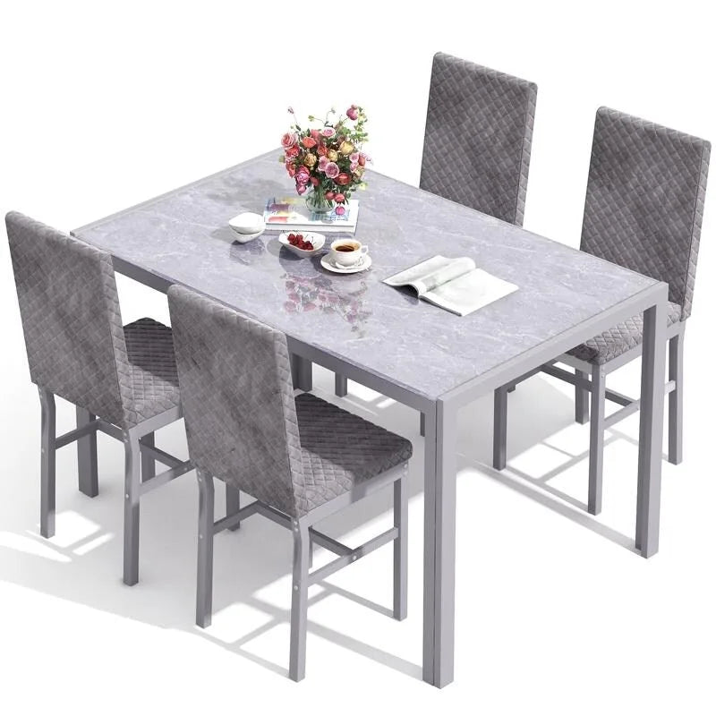 Grondin Modern Style 5-Piece Dining Room Table Set with Tempered Glass Tabletop and 4 Diamond Stitching PU Leather Dining Chairs