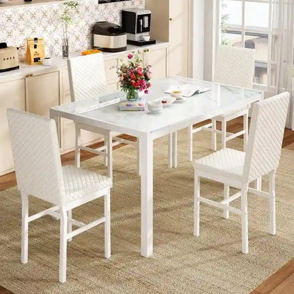 Grondin Modern Style 5-Piece Dining Room Table Set with Tempered Glass Tabletop and 4 Diamond Stitching PU Leather Dining Chairs