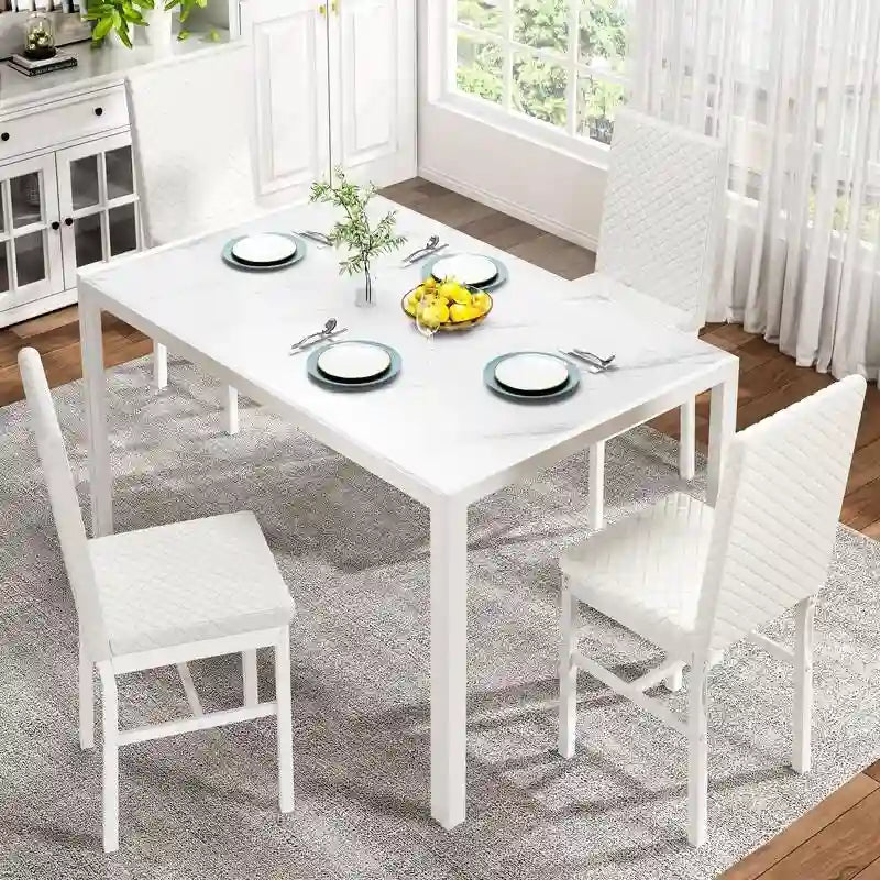 Grondin Modern Style 5-Piece Dining Room Table Set with Tempered Glass Tabletop and 4 Diamond Stitching PU Leather Dining Chairs