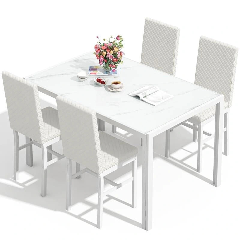 Grondin Modern Style 5-Piece Dining Room Table Set with Tempered Glass Tabletop and 4 Diamond Stitching PU Leather Dining Chairs