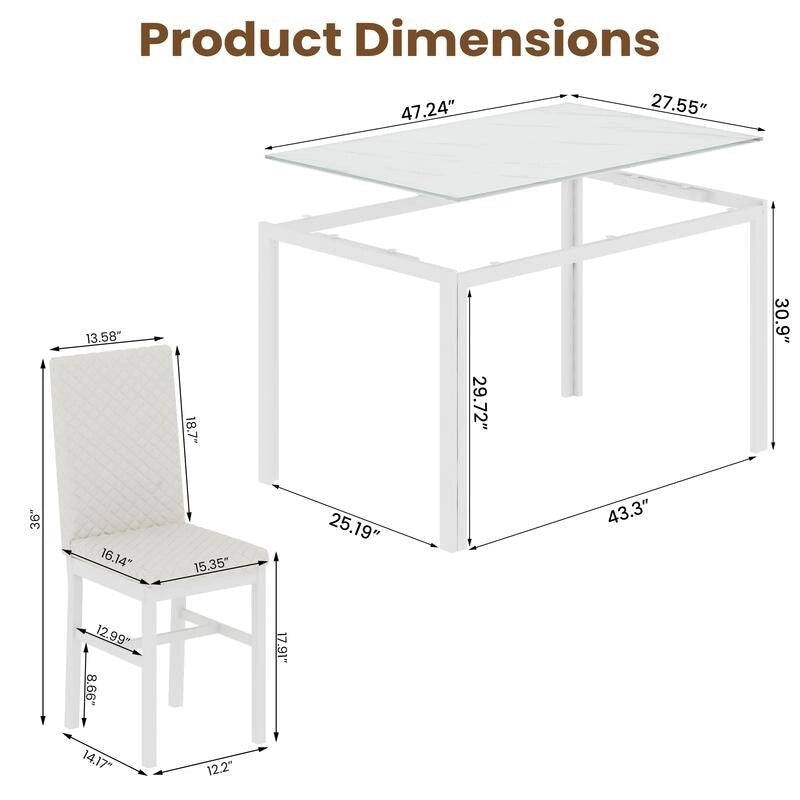 Grondin Modern Style 5-Piece Dining Room Table Set with Tempered Glass Tabletop and 4 Diamond Stitching PU Leather Dining Chairs