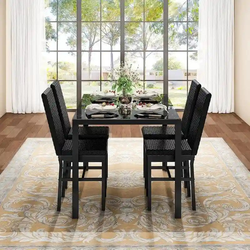 Grondin Modern Style 5-Piece Dining Room Table Set with Tempered Glass Tabletop and 4 Diamond Stitching PU Leather Dining Chairs