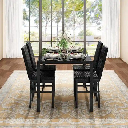 Grondin Modern Style 5-Piece Dining Room Table Set with Tempered Glass Tabletop and 4 Diamond Stitching PU Leather Dining Chairs