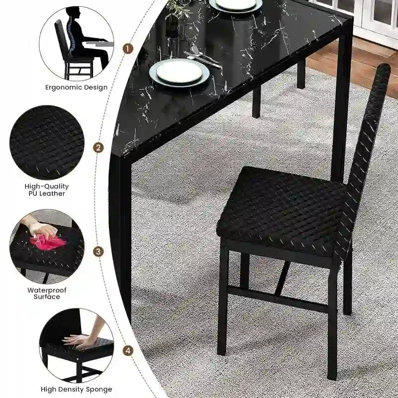 Grondin Modern Style 5-Piece Dining Room Table Set with Tempered Glass Tabletop and 4 Diamond Stitching PU Leather Dining Chairs