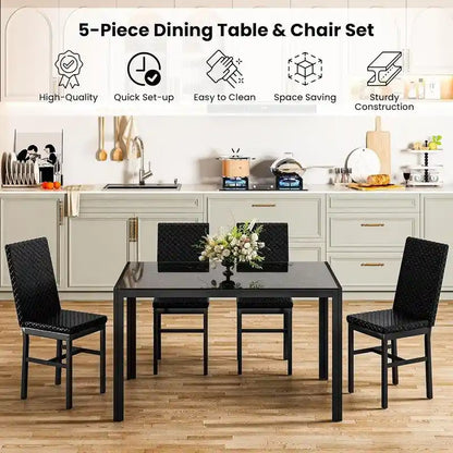 Grondin Modern Style 5-Piece Dining Room Table Set with Tempered Glass Tabletop and 4 Diamond Stitching PU Leather Dining Chairs