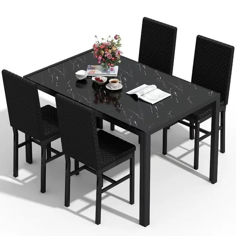Grondin Modern Style 5-Piece Dining Room Table Set with Tempered Glass Tabletop and 4 Diamond Stitching PU Leather Dining Chairs