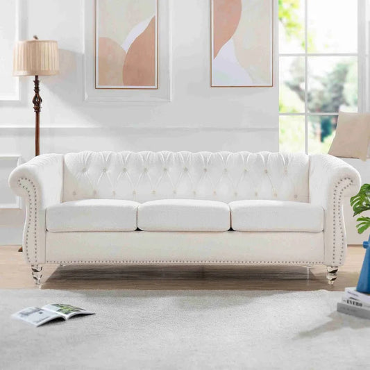 84 White Rolled Arm Chesterfield 3 Seater Sofa Couch