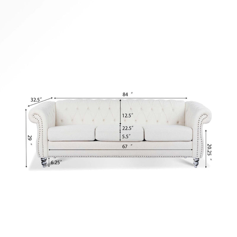 84 White Rolled Arm Chesterfield 3 Seater Sofa Couch