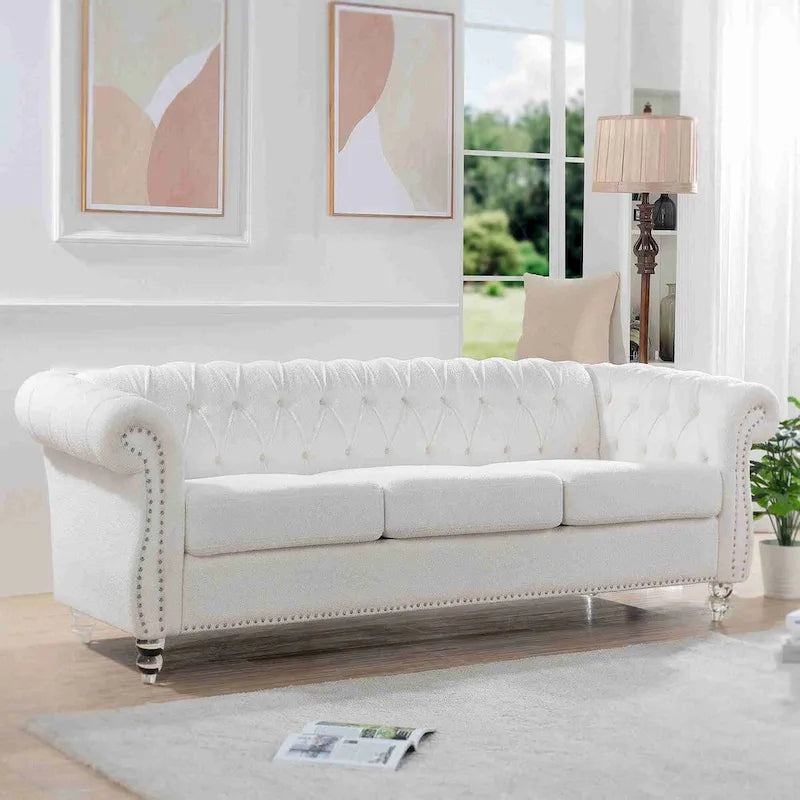 84 White Rolled Arm Chesterfield 3 Seater Sofa Couch