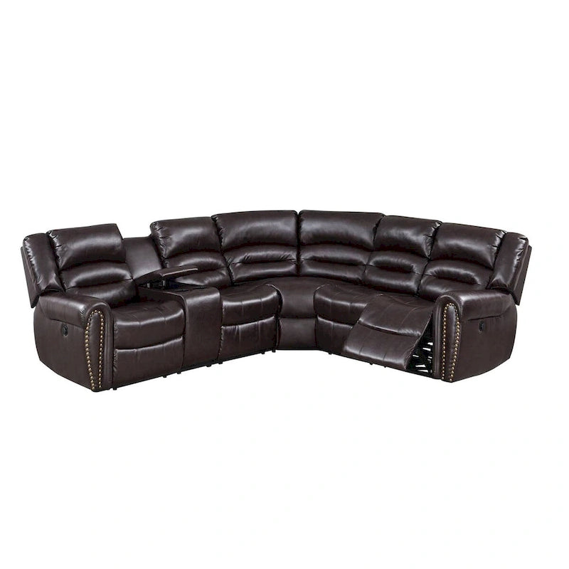 Qox Power Reclining Sectional Sofa Set, USB Port, Bonded Leather, Brown