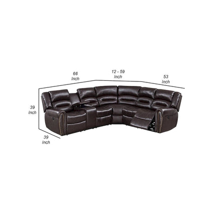 Qox Power Reclining Sectional Sofa Set, USB Port, Bonded Leather, Brown