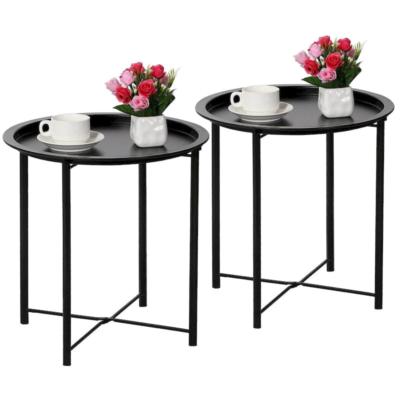 Javlergo Set of 2 Folding Round TV Tray Tables, Small Round Steel Side Table, No Assembly Required - 18.5 x 18.5 x 19.7 in