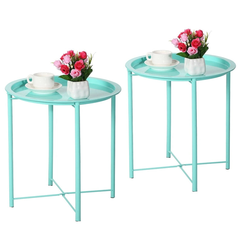 Javlergo Set of 2 Folding Round TV Tray Tables, Small Round Steel Side Table, No Assembly Required - 18.5 x 18.5 x 19.7 in