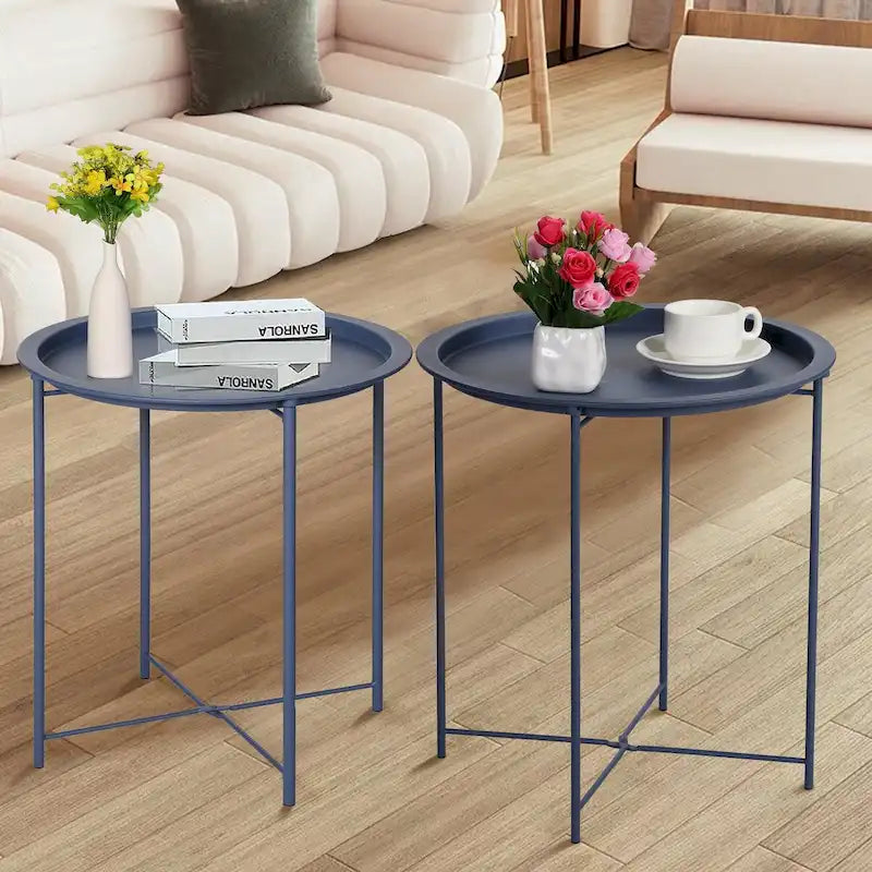 Javlergo Set of 2 Folding Round TV Tray Tables, Small Round Steel Side Table, No Assembly Required - 18.5 x 18.5 x 19.7 in