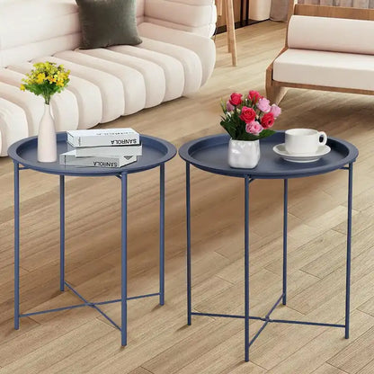 Javlergo Set of 2 Folding Round TV Tray Tables, Small Round Steel Side Table, No Assembly Required - 18.5 x 18.5 x 19.7 in