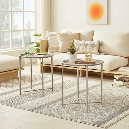 Javlergo Set of 2 Folding Round TV Tray Tables, Small Round Steel Side Table, No Assembly Required - 18.5 x 18.5 x 19.7 in