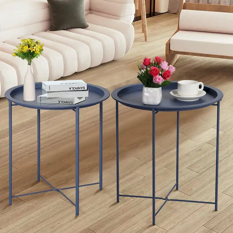 Javlergo Set of 2 Folding Round TV Tray Tables, Small Round Steel Side Table, No Assembly Required - 18.5 x 18.5 x 19.7 in