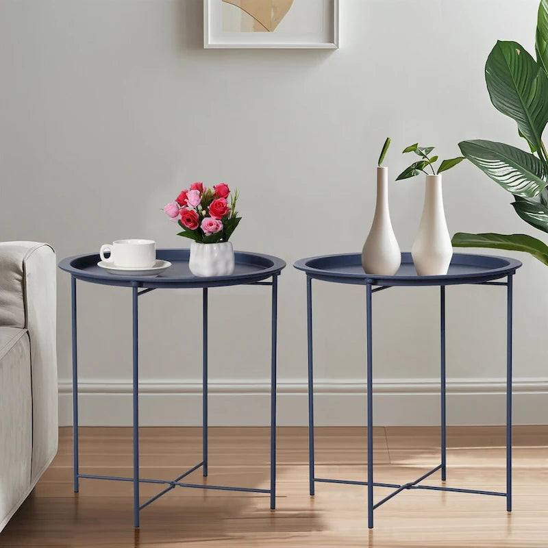 Javlergo Set of 2 Folding Round TV Tray Tables, Small Round Steel Side Table, No Assembly Required - 18.5 x 18.5 x 19.7 in