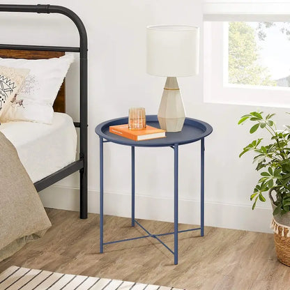 Javlergo Set of 2 Folding Round TV Tray Tables, Small Round Steel Side Table, No Assembly Required - 18.5 x 18.5 x 19.7 in