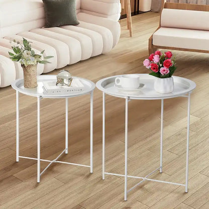 Javlergo Set of 2 Folding Round TV Tray Tables, Small Round Steel Side Table, No Assembly Required - 18.5 x 18.5 x 19.7 in