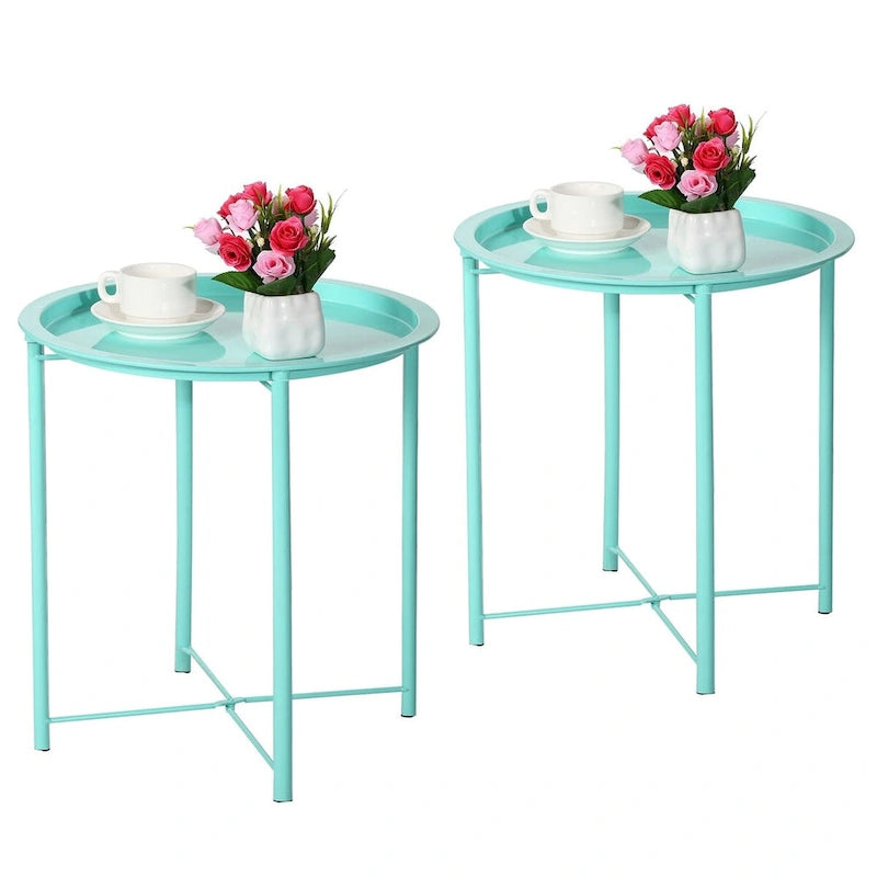 Javlergo Set of 2 Folding Round TV Tray Tables, Small Round Steel Side Table, No Assembly Required - 18.5 x 18.5 x 19.7 in