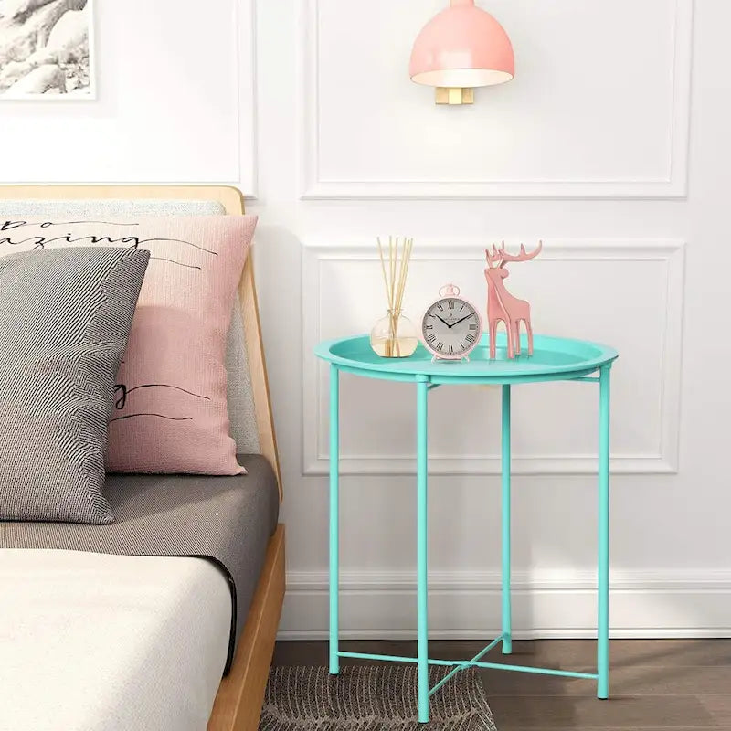 Javlergo Set of 2 Folding Round TV Tray Tables, Small Round Steel Side Table, No Assembly Required - 18.5 x 18.5 x 19.7 in