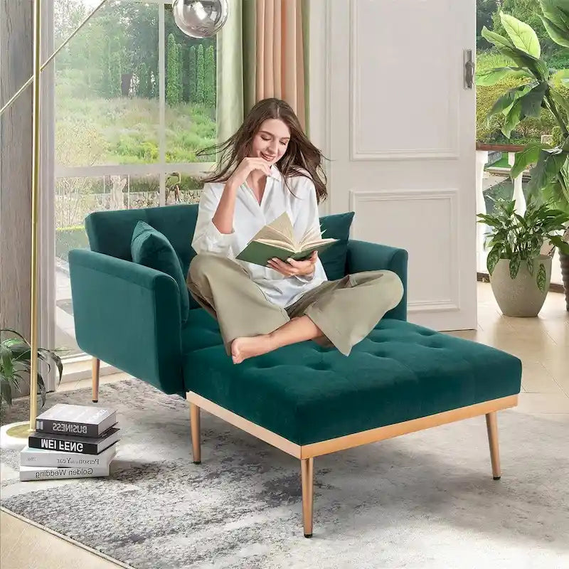 Chaise Lounge Chair Indoor,2 in 1 Velvet Convertible Sleeper Chair w/Ottoman,Lounge Chair w/Adjustable Reclining Backrest