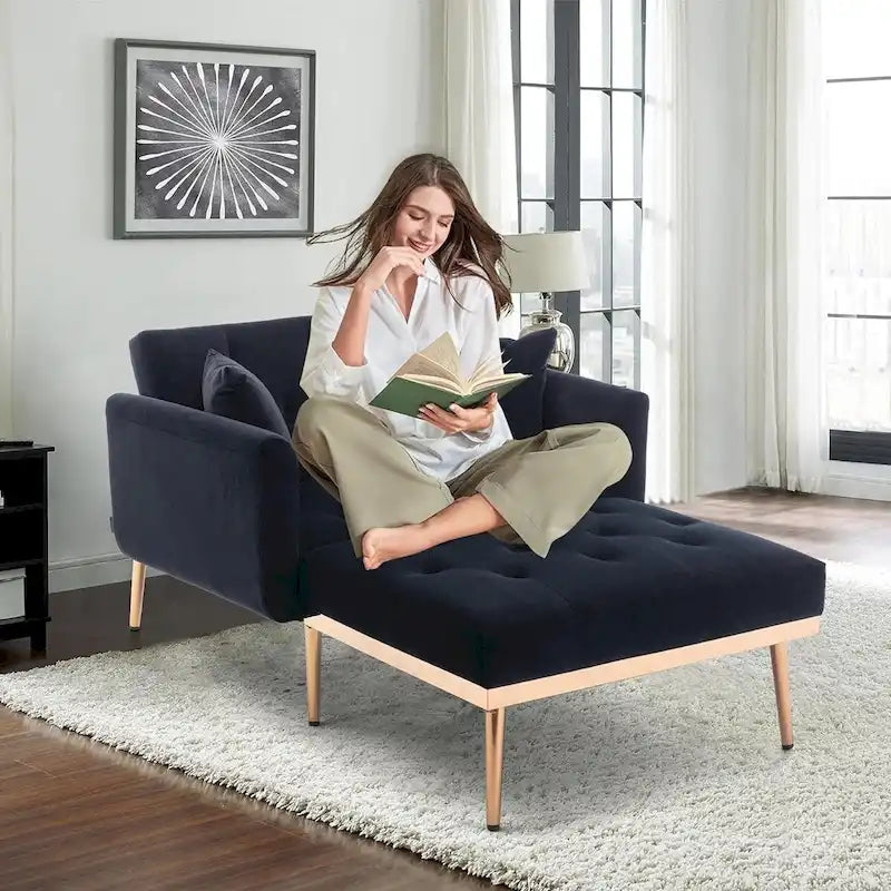 Chaise Lounge Chair Indoor,2 in 1 Velvet Convertible Sleeper Chair w/Ottoman,Lounge Chair w/Adjustable Reclining Backrest