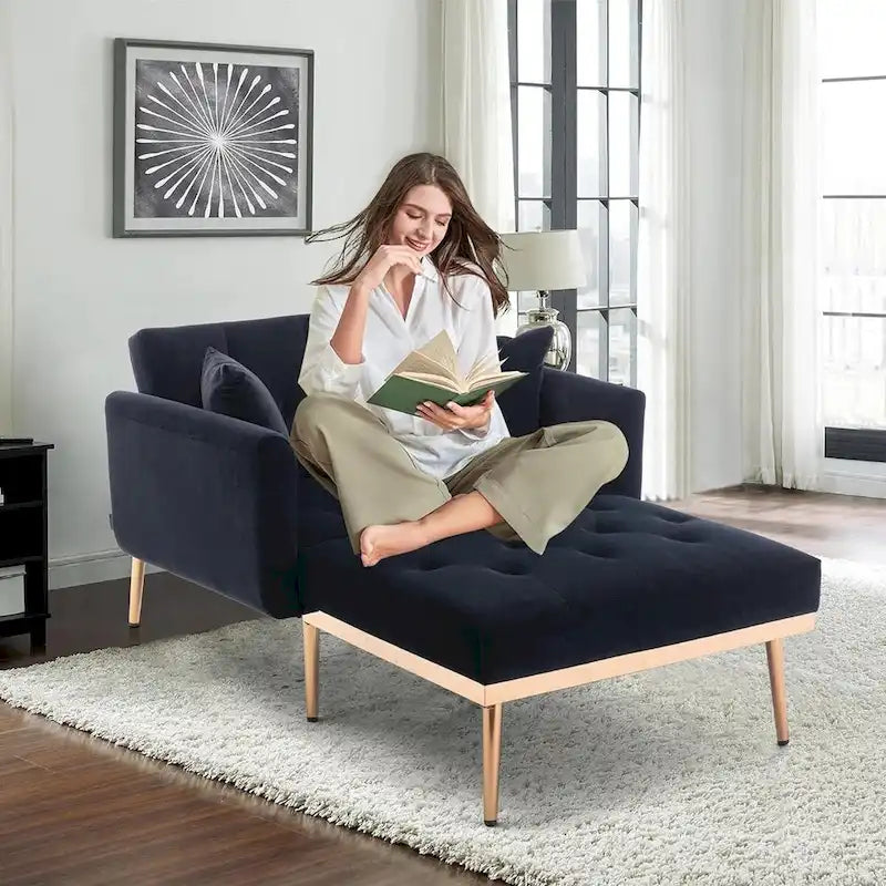 Chaise Lounge Chair Indoor,2 in 1 Velvet Convertible Sleeper Chair w/Ottoman,Lounge Chair w/Adjustable Reclining Backrest