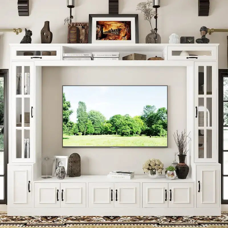 Modern White Entertainment Center Tempered Glass Doors Hydraulic Top