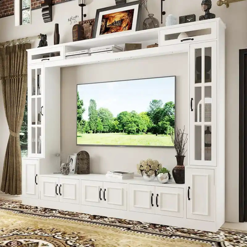 Modern White Entertainment Center Tempered Glass Doors Hydraulic Top
