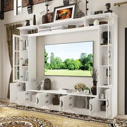 Modern White Entertainment Center Tempered Glass Doors Hydraulic Top