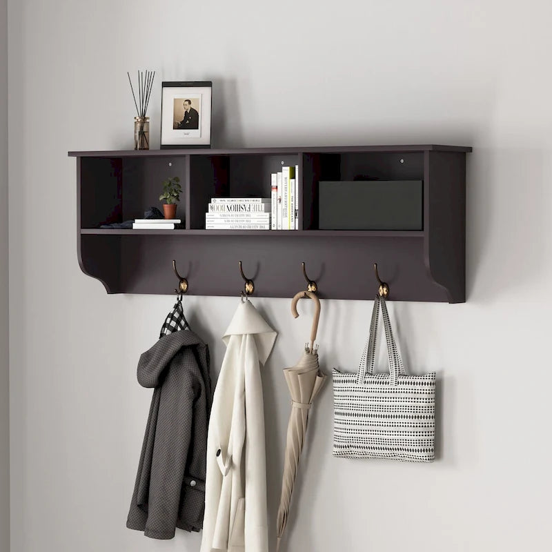 Espresso Entryway Wall Mounted Coat Rack with 4 Dual Hooks Living Room Wooden Storage Shelf
