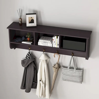 Espresso Entryway Wall Mounted Coat Rack with 4 Dual Hooks Living Room Wooden Storage Shelf