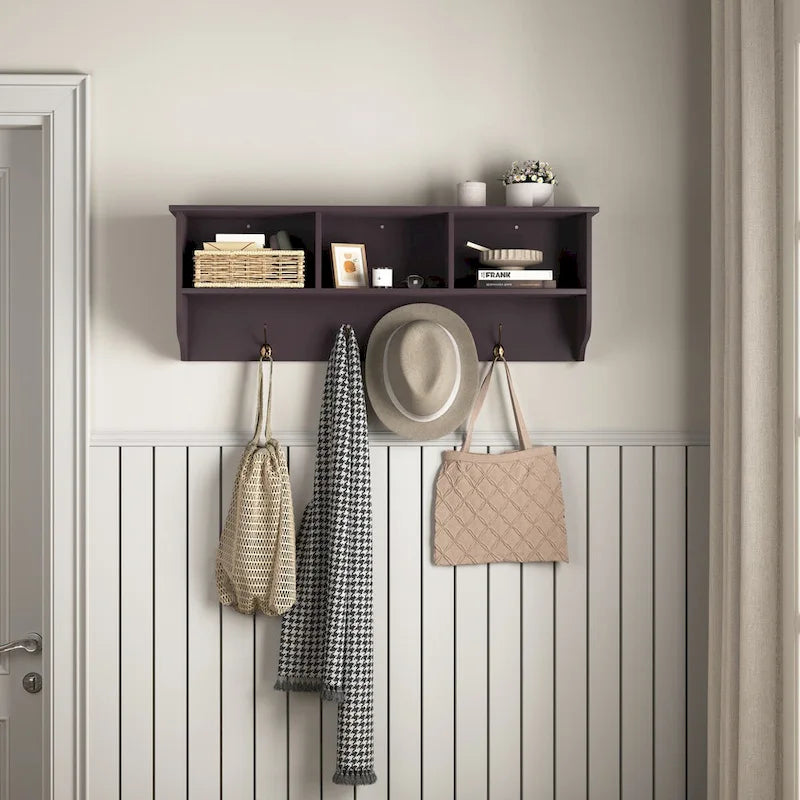 Espresso Entryway Wall Mounted Coat Rack with 4 Dual Hooks Living Room Wooden Storage Shelf