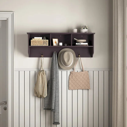 Espresso Entryway Wall Mounted Coat Rack with 4 Dual Hooks Living Room Wooden Storage Shelf