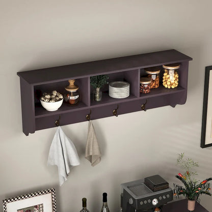 Espresso Entryway Wall Mounted Coat Rack with 4 Dual Hooks Living Room Wooden Storage Shelf