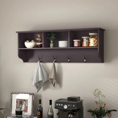 Espresso Entryway Wall Mounted Coat Rack with 4 Dual Hooks Living Room Wooden Storage Shelf