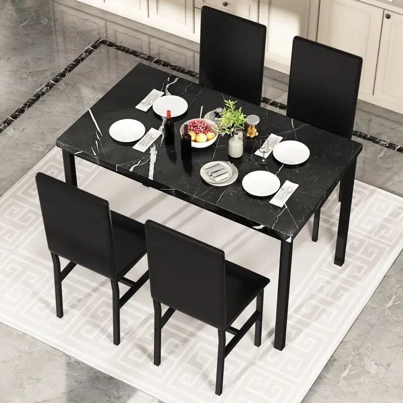 Faux Marble Kitchen Table And Chairs For 4, 4 - Person Dining Set For Small Spaces, Breakfast Nook, Living Room